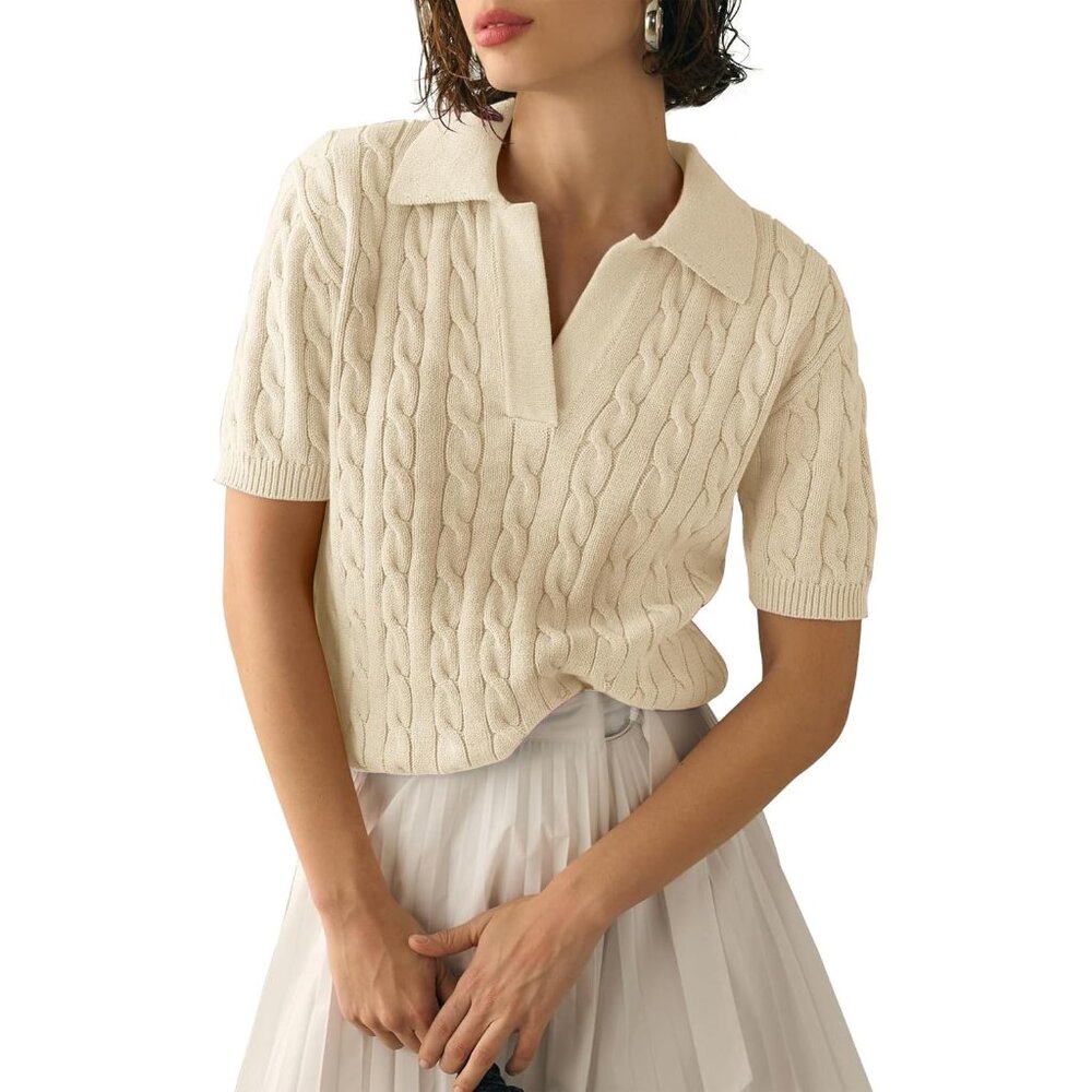Soft Apricot Short Sleeve Cable Knit Sweater - Perfect For Every Occasion